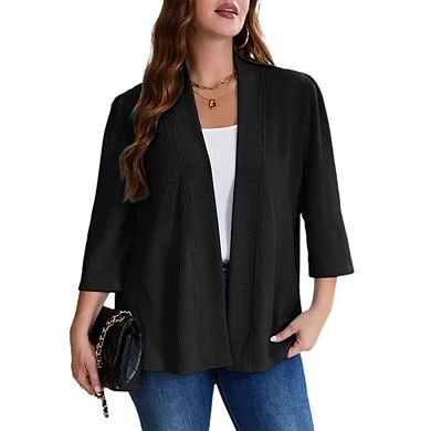 Womens Plus Size Cardigan Casual 3/4 Sleeve Waffle Knit Open Front Tops
