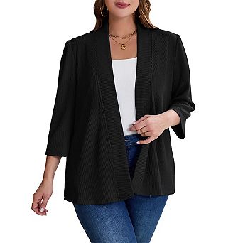 Womens Plus Size Cardigan Casual 3/4 Sleeve Waffle Knit Open Front Tops