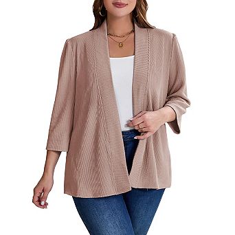 Womens Plus Size Cardigan Casual 3/4 Sleeve Waffle Knit Open Front Tops
