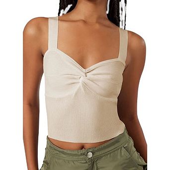 Women Casual Ribbed Knit Twist-Front Tank Top Camisole Sleeveless Backless Crop Top