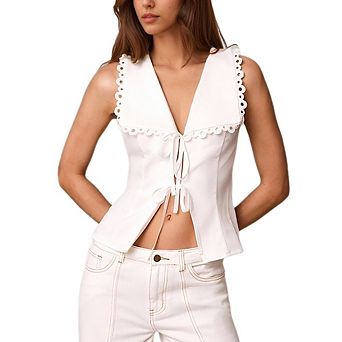 Women's Sleeveless Vest Y2K V Neck Lace Top Tie Front Peplum Casual Tank