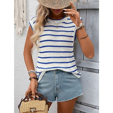 Women's Casual Sweater Tank Top Pullover Striped Vest Crew Neck Sleeveless Pullover Tank Top