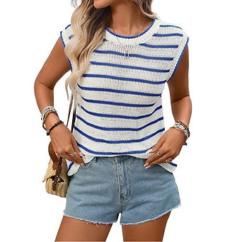 Women's Casual Sweater Tank Top Pullover Striped Vest Crew Neck Sleeveless Pullover Tank Top