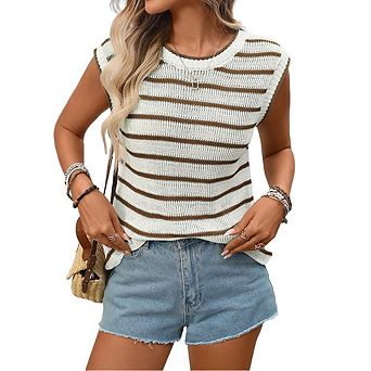 Women's Casual Sweater Tank Top Pullover Striped Vest Crew Neck Sleeveless Pullover Tank Top