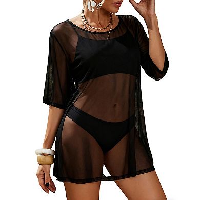 Sheer Mesh Short Sleeve Cover Up Dress with Round Neckline for Summer Beach