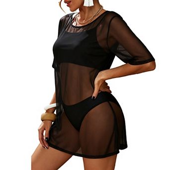 Sheer Mesh Short Sleeve Cover Up Dress with Round Neckline for Summer Beach