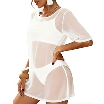 Sheer Mesh Short Sleeve Cover Up Dress with Round Neckline for Summer Beach
