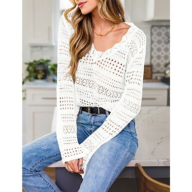 Women's Casual Crochet Knit Pullover Sweater Solid Color Long Sleeve Lightweight Hollow Out Tops