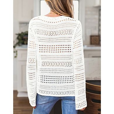 Women's Casual Crochet Knit Pullover Sweater Solid Color Long Sleeve Lightweight Hollow Out Tops