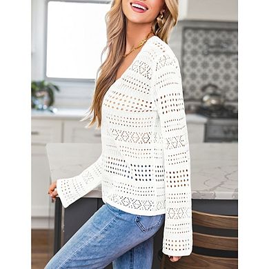 Women's Casual Crochet Knit Pullover Sweater Solid Color Long Sleeve Lightweight Hollow Out Tops