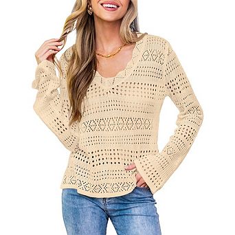 Women's Casual Crochet Knit Pullover Sweater Solid Color Long Sleeve Lightweight Hollow Out Tops
