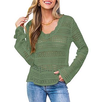 Women's Casual Crochet Knit Pullover Sweater Solid Color Long Sleeve Lightweight Hollow Out Tops