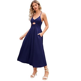 Women Spaghetti Strap Sleeveless Bow Tie V Neck Cutout Casual Beach Party Midi Dress with Pockets