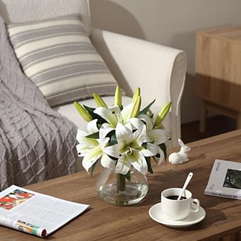 Artificial Lilies Flowers with Glass Vase & Fake Water - Fake Lilies for Home Table, Wedding Party
