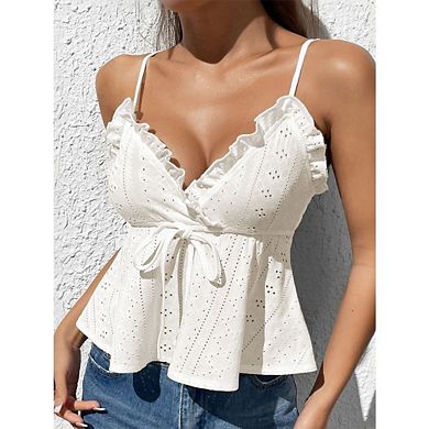 Women's Peplum Cami Tops Tie Front Eyelet Embroidery V Neck Ruffle Hem Spaghetti Strap Tank Top