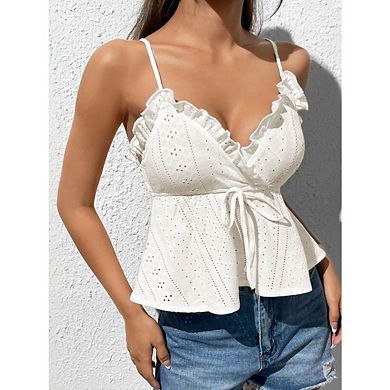 Women's Peplum Cami Tops Tie Front Eyelet Embroidery V Neck Ruffle Hem Spaghetti Strap Tank Top