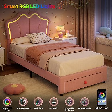 Twin Size LED Light-Up Storage Bed Upholstered Velvet Platform Bed with Drawers, App-Controlled