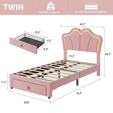Twin Size LED Light-Up Storage Bed Upholstered Velvet Platform Bed with Drawers, App-Controlled