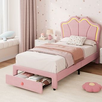 Twin Size LED Light-Up Storage Bed Upholstered Velvet Platform Bed with Drawers, App-Controlled