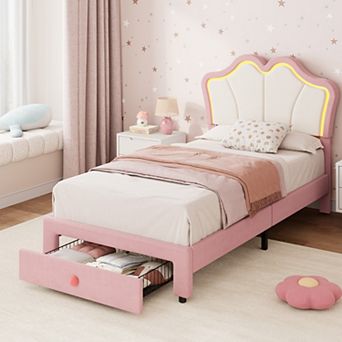 Twin Size LED Light-Up Storage Bed Upholstered Velvet Platform Bed with Drawers, App-Controlled