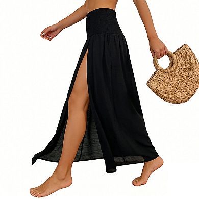 Smocked High Waist Maxi Skirt with Double Side Slits & Flowy Silhouette