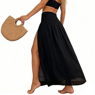 Smocked High Waist Maxi Skirt with Double Side Slits & Flowy Silhouette