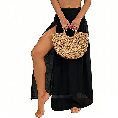 Smocked High Waist Maxi Skirt with Double Side Slits & Flowy Silhouette