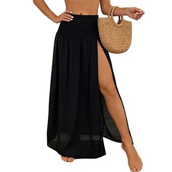 Smocked High Waist Maxi Skirt with Double Side Slits & Flowy Silhouette
