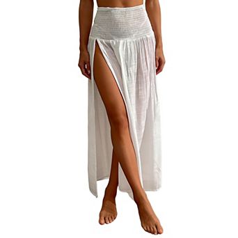 Smocked High Waist Maxi Skirt with Double Side Slits & Flowy Silhouette