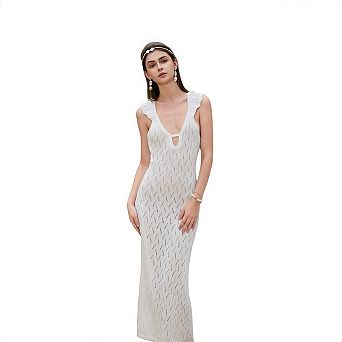 Womens Crochet Maxi Cover Up Dress Sleeveless Bodycon Summer Knit Dresses Beach Vacation Coverups
