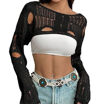 Women's Hollow Out Ripped Crop Sweater Casual Long Sleeve Crochet Going Out Shrug Short Tops
