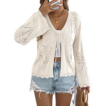 Women's Casual Hollow Out Tie Bell Sleeve Crochet Knit Cardigans Long Sleeve Tie Front Knit Cardigan