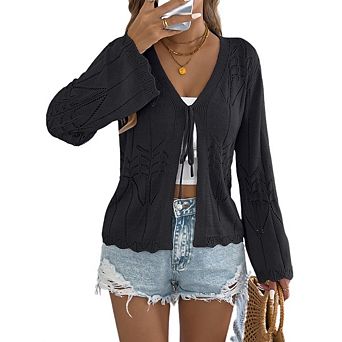 Women's Casual Hollow Out Tie Bell Sleeve Crochet Knit Cardigans Long Sleeve Tie Front Knit Cardigan