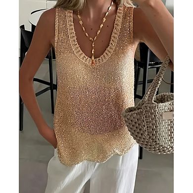 Women's Crochet Sparkly Tank Tops Summer Beach Vacation Top Sleeveless Vest