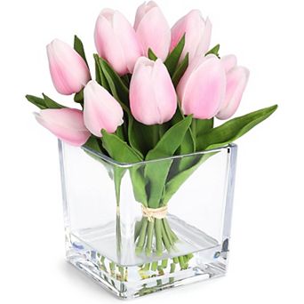 Tulip Artificial Flowers with Glass Vase, Silk Faux Tulip Flower Arrangement with Faux Water