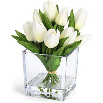 Tulip Artificial Flowers with Glass Vase, Silk Faux Tulip Flower Arrangement with Faux Water