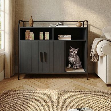 ANIXOL Hidden Barn Door Engineered Wood Cat Litter Box Cabinet