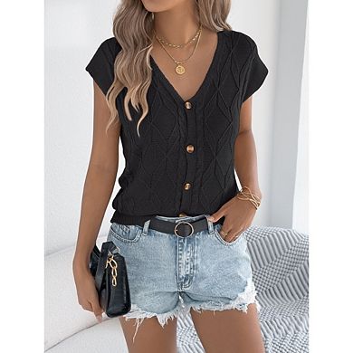 Women Casual Button V Neck Knit Cardigan Top Cap Sleeve Cable Top Knit Button Down Sweaters Vest