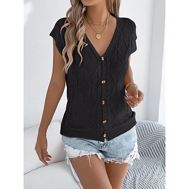 Women Casual Button V Neck Knit Cardigan Top Cap Sleeve Cable Top Knit Button Down Sweaters Vest