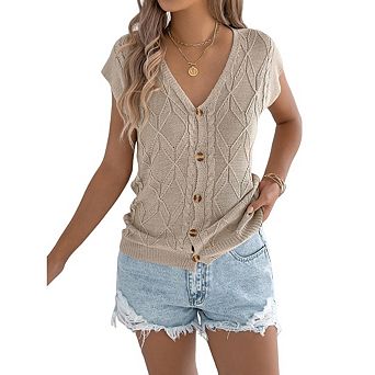 Women Casual Button V Neck Knit Cardigan Top Cap Sleeve Cable Top Knit Button Down Sweaters Vest