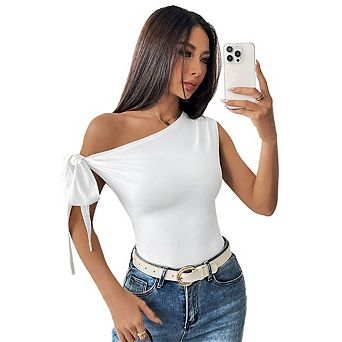 Women's One Shoulder Tank Top Knot Side Sleeveless Asymmetrical Short Tops