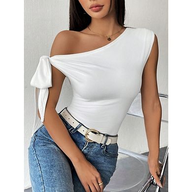 Women's One Shoulder Tank Top Knot Side Sleeveless Asymmetrical Short Tops