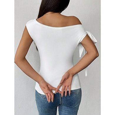 Women's One Shoulder Tank Top Knot Side Sleeveless Asymmetrical Short Tops