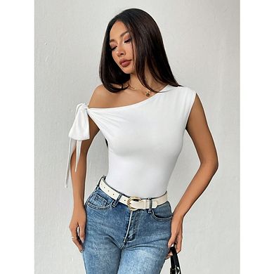 Women's One Shoulder Tank Top Knot Side Sleeveless Asymmetrical Short Tops