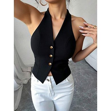 Women's Summer Halter Tank Tops V Neck Button Down Sleeveless Backless Business Casual Crop Top