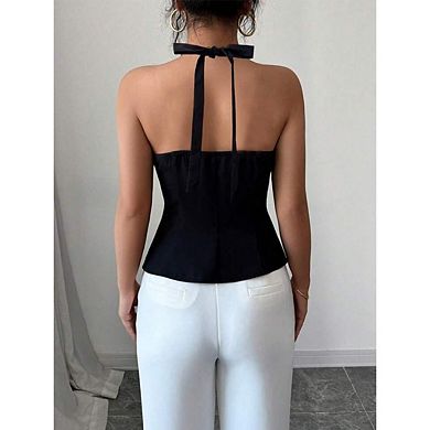 Women's Summer Halter Tank Tops V Neck Button Down Sleeveless Backless Business Casual Crop Top