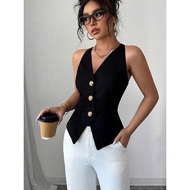 Women's Summer Halter Tank Tops V Neck Button Down Sleeveless Backless Business Casual Crop Top