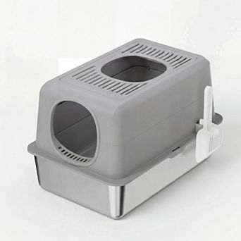 ANIXOL Enclosed High-Sided Stainless Steel Cat Litter Box with Scoop