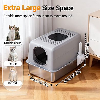 ANIXOL Enclosed High-Sided Stainless Steel Cat Litter Box with Scoop