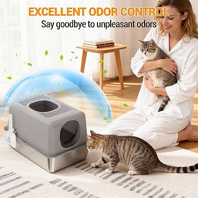 ANIXOL Enclosed High-Sided Stainless Steel Cat Litter Box with Scoop